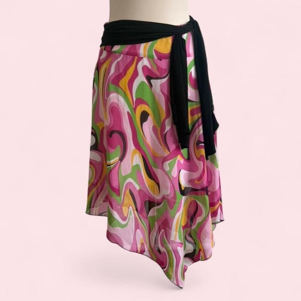 Y2K Estam USA Multicolor Swirl Print Wrap Skirt Black Tie Waist Asymmetric Hem M